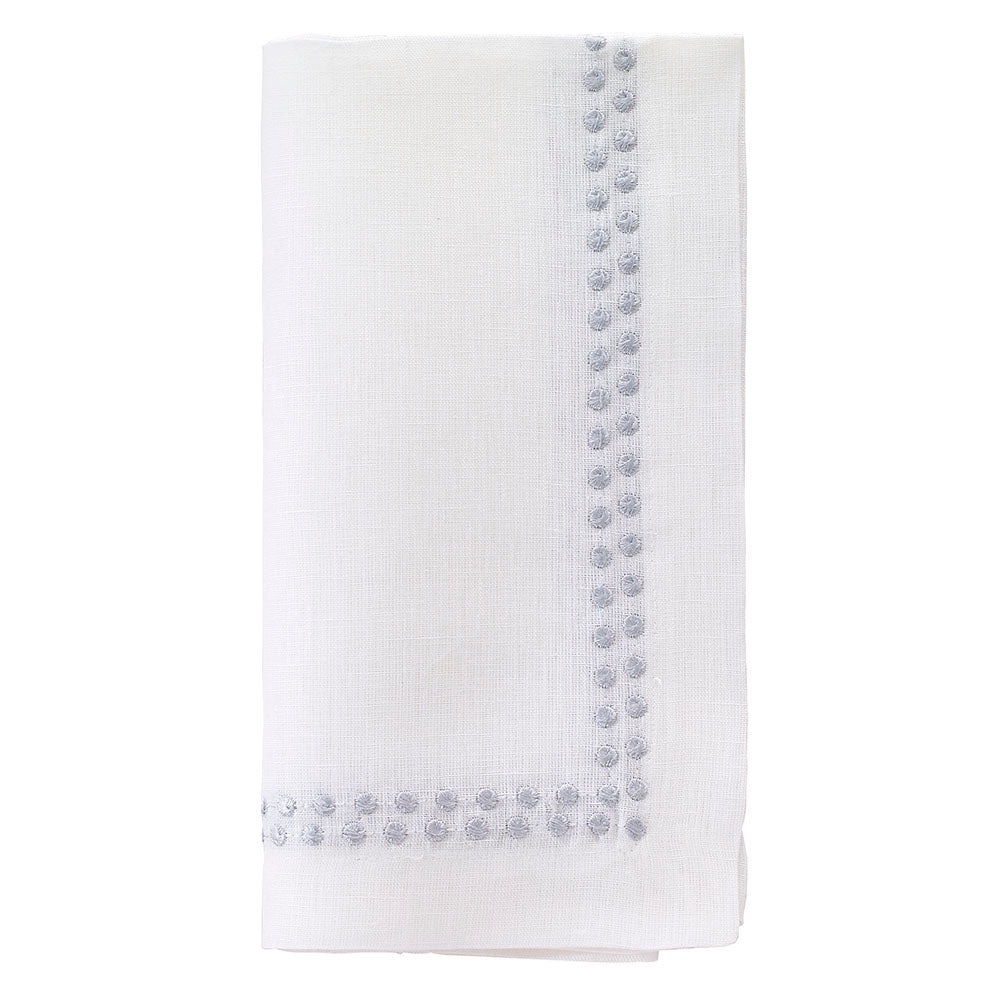 10 Bodrum PEARLS Dinner Napkins White w Bluebell 100% Linen w Embroidery